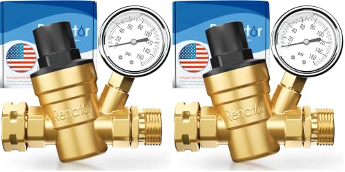 Image of RV Water Pressure Regulator for RV Camper. Brass Lead-free Adjustable Water Pressure Regulator with Gauge for Camper Travel Trailer, Reducer Valve W Filter. M11-0660R. (Pack of 2)