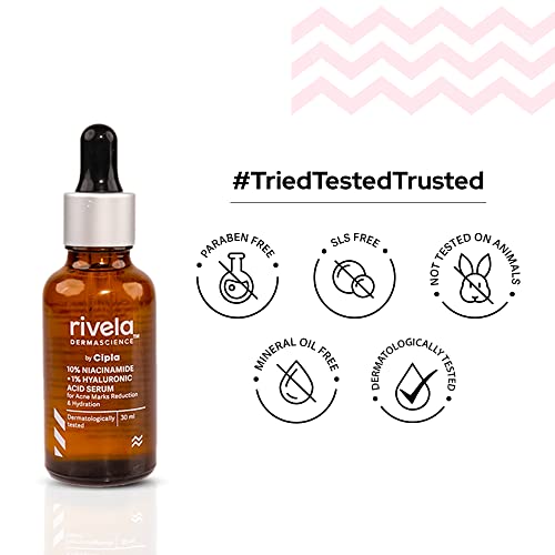Image of Rivela Dermascience by Cipla 10% Niacinamide + 1% Hyaluronic Acid Serum | Reduces Acne Marks, Blemishes | Promotes Hydration | Evens Skin Tone | Balances Oil Production | 30ml | Pack of 2