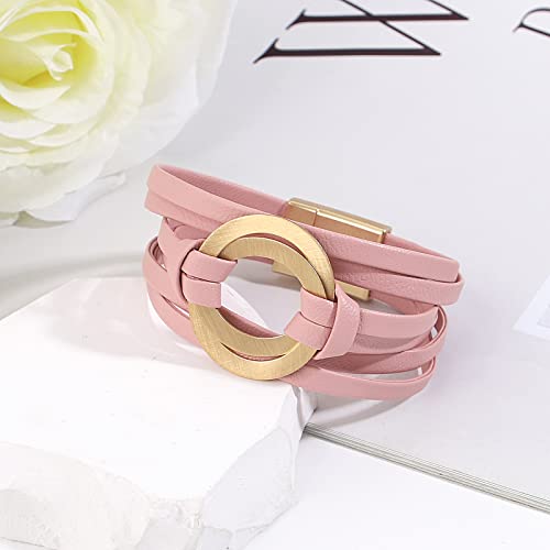 Circle Charm Bracelets For Women Handmade Pink Leather Wrap Bracelets For Women Teen Girls Bohemian Couples Friendship Bracelet Cuff Bangle Boho Jewelry Gift For Sisters, Wife And Mother #TOP2