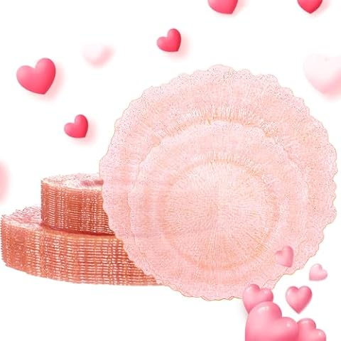 U-QE 60PCS Pink Plates for Party - Pink Valentines Plates Disposable Heavy Duty - Clear Pink Plastic Plates for Valentine's Day Including 30 Plastic Dinner Plates 10" & 30 Plastic Dessert Plates 7" Cover