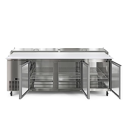 Image of KoolMore 92 in. Commercial Pizza Prep Table with Cutting Board, Food Protection Lid, Refrigerated Cold Storage, Rolling Casters, Three-Door in Stainless Steel, ETL Listed, (KM-RPPS-3DSS)