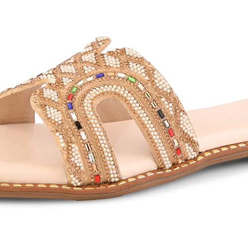 Image of Centrino Women's Beaded Flat Sandals | Stylish Gold Crystal Slip-On with Ornate Cutout Design | Soft Cushioned Footbed |Elegant & Trendy Open Toe Slip-On | Luxury Footwear for Wedding /Party (9301)