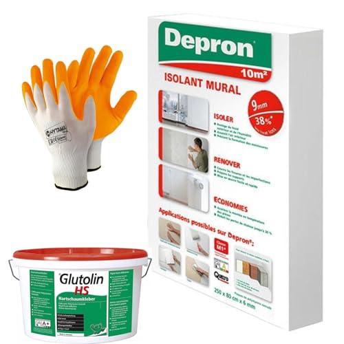 DEPRON Paneles aislantes 9 mm (125 × 80 cm) – Paquete de 10 m² + pegamento Glutolin 8 kg | Aislamiento térmico y acústico para paredes y techos | 1 par de guantes de nitrilo HYTAMA TOOLS