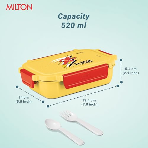 Image of MILTON Sherry Tiffin (DC) Lunch Box for Kids Boys & Girls with Leak-Proof Inner Container| Food Grade,BPA Free,Compact & Durable Snacks Box for Kids I Plastic Spoon & Fork, 520 ml, Yellow