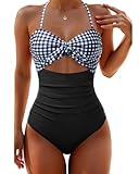 Tempt Me Women Black Plaid Sexy Cutout One Piece Swimsuits Tummy Control High Waisted Halter Front Tie Knot Bathing Suit XL