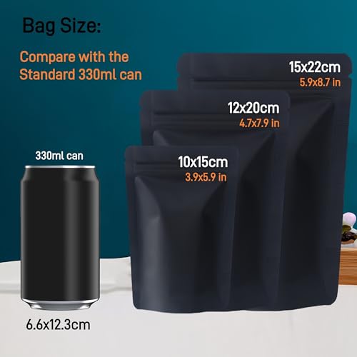 Mylar-Beutel, Wiederverschließbare Beutel, Stehend, Aluminiumfolie, Schwarz, Lebensmittelbeutel, Geruchsdicht, Mylar Bags 3.5 g, Heißsiegel-Verpackungsbeutel (schwarz, 15x22cm - 50pcs)