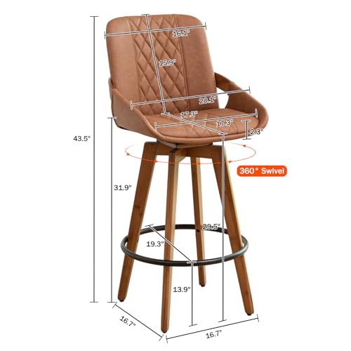 Image of Bar Stools Set of 2, 29.5 Inch Mid Century Modern Retro Swivel Bar Chairs, Furniture with Curved Back, Faux Leather Upholstered and Walnut Wood Frame for Bar /Pub /Island (Brown, 29.5 inch-2 PCS)