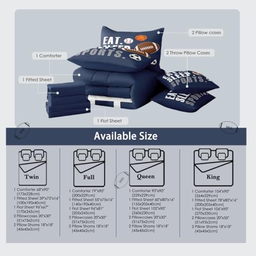 Image of Feelyou Sports Comforter Set 7 Pieces Full Size Boys Bedding Set Kids Football Basketball Baseball Soccer Bed in A Bag with Sheets, Pillow Covers, Pillowcases, Navy Blue Sports Game Comforter