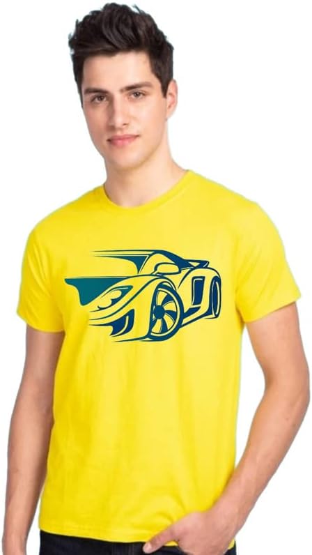 Unicorpse Men's Cotton Printed Regular Fit-Car Print Tshirt Yellow