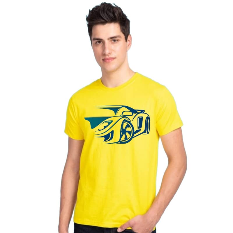 Unicorpse Men's Cotton Printed Regular Fit-Car Print Tshirt Yellow
