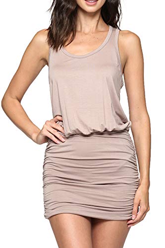 LaClef Women s Mini Sexy Bodycon Ruched Tank Dress (Mocha, S)