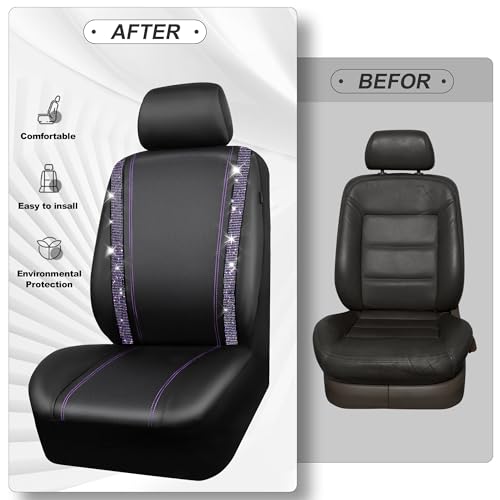 Image of CAR PASS Bling Diamond Car Seat Covers Full Set,Shining Rhinestone Waterproof Faux Leather,Rear with Zipper,Universal Fit Automotive Glitter Crystal Sparkle Strips for Women,Violet Purple Rhinestone