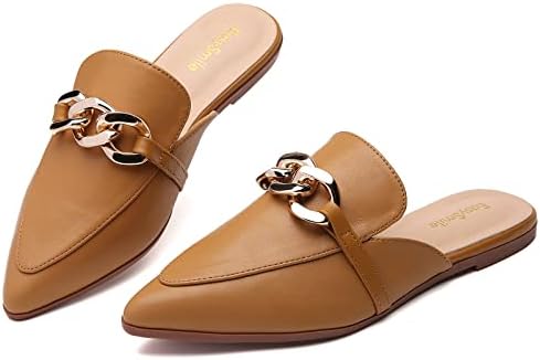 EasySmile Metal Chain Decor Flat Mules for Women Closed Pointed Toe Slip on Loafers Slides Backless Mules Shoes