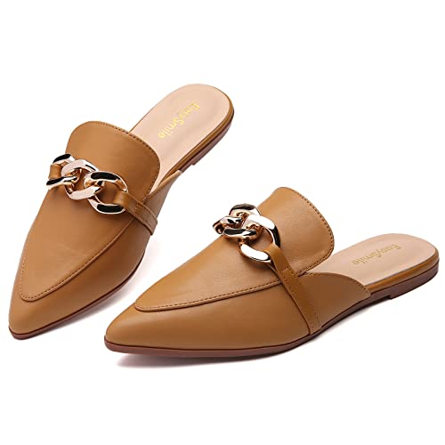 Easysmile Metal Chain Decor Flat Mules For Women Closed Pointed Toe Slip On Loafers Slides Backless Mules Shoes #TOP2