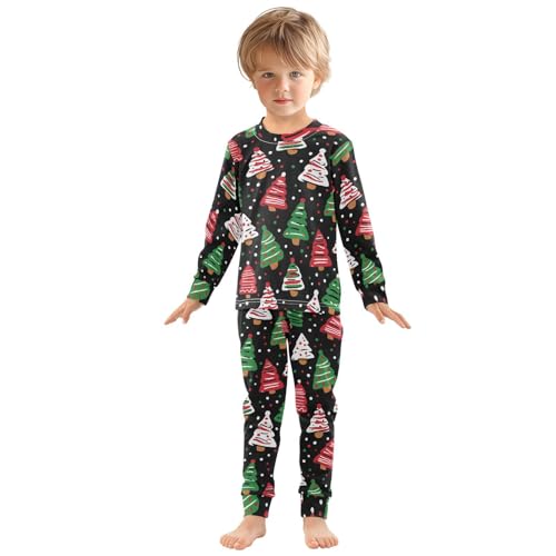 Pajama Sets Long Sleeve Christmas Trees on Black Background Soft Comfy Sleepwear 2 Piece PJS 3-8T2