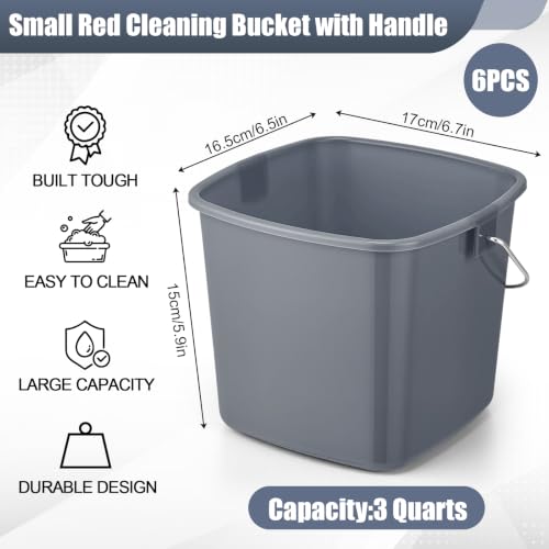 Image of Zhehao 6 Pcs 3 Quart Bucket for Cleaning Small Sanitizer Bucket for Restaurant Square Plastic Pail with Handles for Home, Offices, Commercial Use, Food Service(Red,Gray)