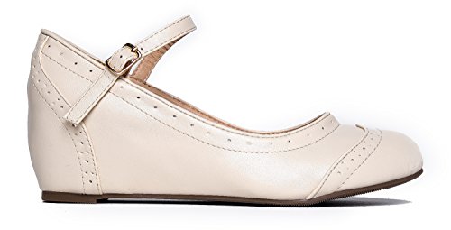 J. Adams Minnie Mary Jane - Retro Round Toe Ankle Strap Wedge - Vintage Oxford - Nude Vegan Leather - 8 #TOP1