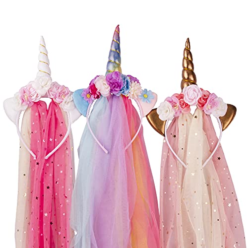 Little World 3 Pack Unicorn Headband - Unicorn Party Supplies, Rainbow/Rose Gold/White Horn With Tulle, Unicorn Decorations For Birthday Party, Gift Idea For Easter #TOP22
