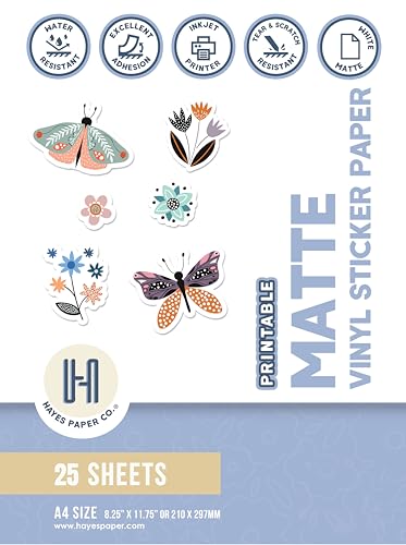 Printable Vinyl Sticker Paper for Inkjet Printer - Matte Waterproof White Self-Adhesive Sheets for Cricut, Small Business Labels & Water Bottle Stickers - 25 A4 Premium Sticker Sheets for Printing