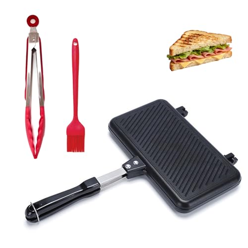 Appareil à croque-monsieur double face avec poignée résistante à la chaleur - Grille-pain pliable avec 1 pince de cuisine en acier inoxydable et 1 pinceau...