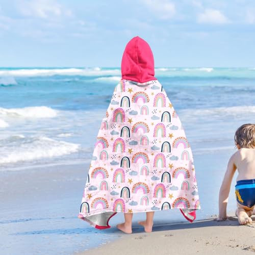 Image of Rainbow Girls Beach Towel with Hoodie for Kids Toddlers Age 4-8, Pink Bath Towels Shower Wrap for Girls, Hooded Poncho Beach Blanket for Pool Swimming Cute Wearable Bath Towel for Child