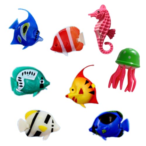 JiaYiXu 8 Pcs Tiny Plastic Colorful Assorted Artificial Floating Fishes Fake Fish Moving Floating Aquarium Ornament Bubble Tube Accessories Aquarium Tropical Jellyfish Seahorse Octopus Decorations