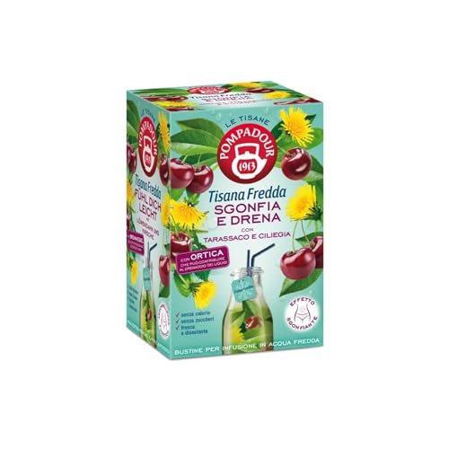 Pompadour® | L'infusion froide dégonfle et draine - 18 filtres (45 Gr) | Infusions d'eau froide sans caféine | Tisane pissenlit et cerise