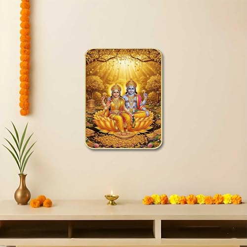 Image of SAF Lakshmi Narayan Wall Art with Table Top Stand & Wall Hanging Hole | Vishnu Lakshmi Kamal MDF Religious Painting for Home Mandir Vastu Decor