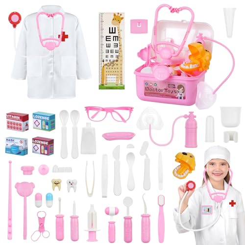 OSDUE Maleta de Médicos de Brincar, 63 Peças Kit de Médico com Estetoscópio Real, Seringa, Kit de Primeiros Socorros, Bata e Gorro de Dentista e Doutora, Disfarce, Kit de Jogo de Papéis, Brinquedos