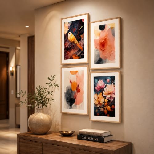 Image of Livin'luxe Set of 4 Floral Bird & Abstract Wall Paintings with Sparkle Laminate and Premium Wooden Synthetic Frame for Living Room Bedroom Office Decor (13.5 x 19.5 Inch)