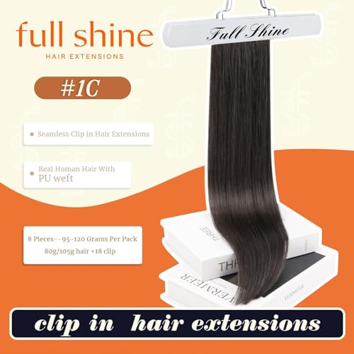Image of Full Shine Seamless Clip in Hair Extensions Human Hair, 18 Inch Mocha Brown | Invisible PU Weft, Silky Straight Remy Hair, Full Volume, Lightweight, Fine to Medium Hair, Clip Ins for Women, 8 Pcs 120g
