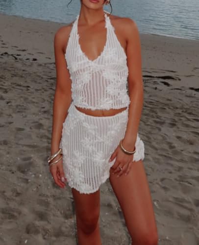 Image of Yiulangde Y2k Mini Skirt Sets for Women Beach Vacation 2 Piece Outfit Backless Halter Crochet Top Smocked Mini Skirt Going Out Dress Set