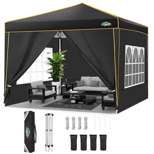 COBIZI 10x10 Pop Up Canopy with Sidewall, Commercial Canopy UPF 50+ Waterproof Outdoor Gazebo with Carry Bag, Tents for Parties with Upgrade Frame, 3 Height Adjustable, 4 sandbags, Black