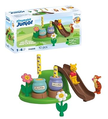 Playmobil 71694 Junior & Disney : Winnie l'ourson et Tigrou avec Jardin d'abeilles - Comprend Un Toboggan et Une Colline - Jouet fabriqué à partir de matière d'origine végétale - Dès 12 Mois