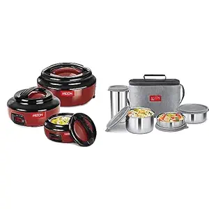 Milton Ernesto Inner Stainless Steel Casserole Set of 3 (420 ml, 850 ml, 1.43 litres), Red & MILTON Delicious Combo Stainless Steel Insulated Tiffin, (1 Tumbler and 3 Container) Set of 4, Grey