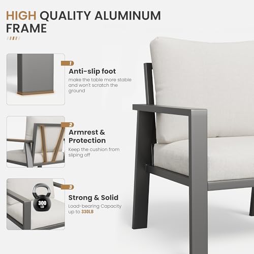 Image of Outdoor Sofa Chair Aluminum Patio Couch Set of 2 All-Weather Patio Sofa Armchair Furniture Set Chairs with Beige Cushions