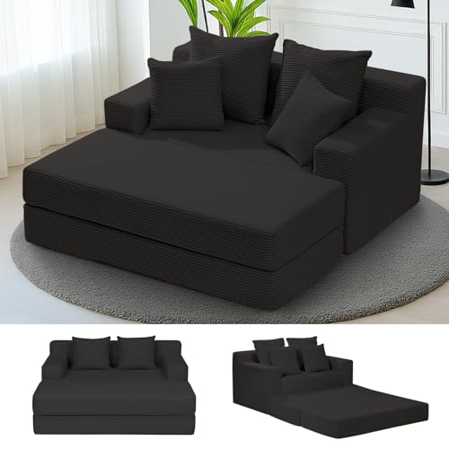 Convertible Futon Sofa Bed with Ottoman, 5 in 1 Folding Couch Bed Loveseat Sleeper, Corduroy Boneless Couch with Deep Seat for Living Room Chaise Lounge Chair Indoor, No Assembly Required, Black
