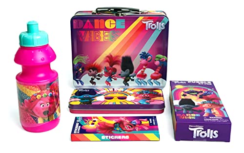 Trolls Tin Box Gift Set for Kids - Tin Lunch Box, Tin Pencil Case, Water Bottle, Puzzle, Stickers (Trolls)