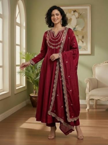 Image of Yashika Women's Silk Blend Embroidered Anarkali Kurta Set with Dupatta | Full Length Ethnic Wear for Women | Wedding