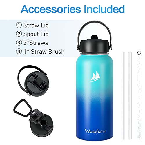 Waipfaru 32Oz Water Bottle - Stainless Water Bottle With 2 Lids & 2 Straws, Insulated Water Bottles Keep Hot And Cold, Wide Mouth Sports Water Bottle For Hiking Biking Sport, Navy Blue & Mint #TOP5