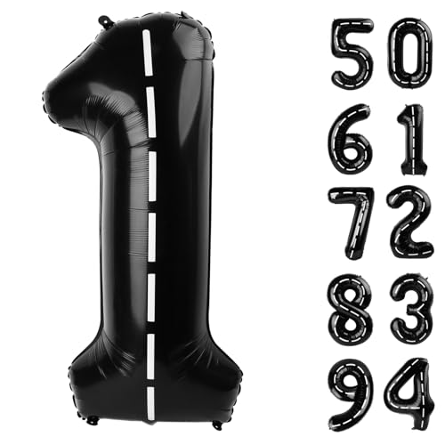 Image of 40 Inch Race Car 1 Balloon for First Birthday, 1st Number Balloons Black Race Car Birthday Decorations, One Giant Number 1 Balloon