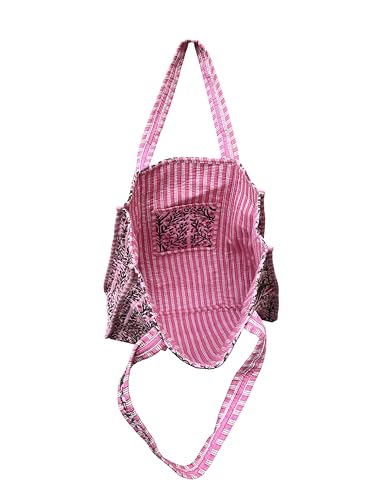 Image of Quilted Cotton Hand printed Reversible Large multicolor cotton Tote Bag,Indian Handmade Block Printed Tote Bag Women Handbag