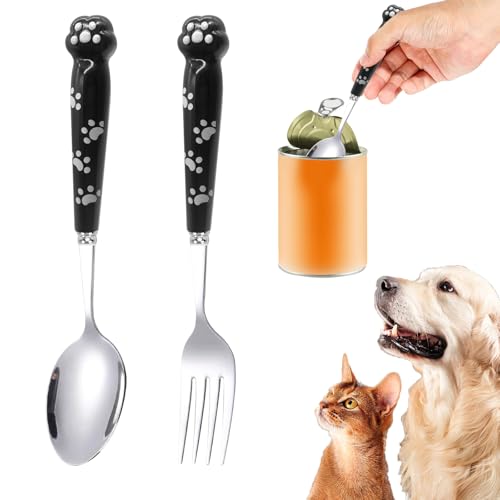 AffeGifts Katzen Löffel Lang 19.5cm, Hundefutter Gabel und Futterlöffel Edelstahl Nassfutter für Hunde und Katzen
