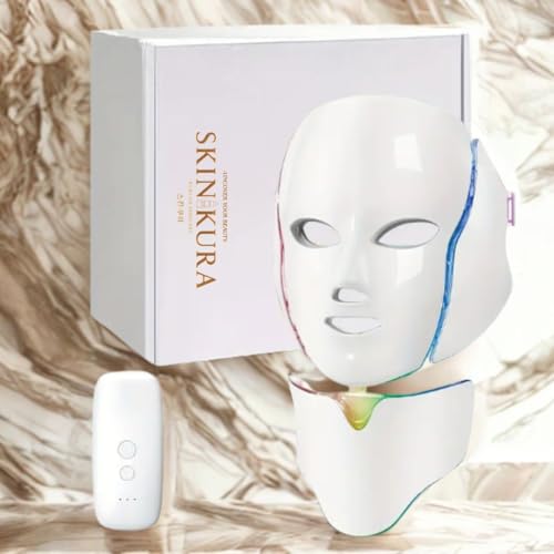 Skinkura LED Face & Neck Mask – 7 Color Light Therapy, Anti-Aging, Collagen Skin Rejuvenation, Anti-Wrinkle Beauty Device - Face Mask with Touch Button, 7 Colors - Photon LED
