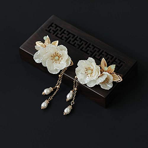 A Pair Of Flower Chinese Duckbill Hair Clips For Women Kimono Pearl Floral Accessories Vintage White Plum Gold Barrettes #TOP3