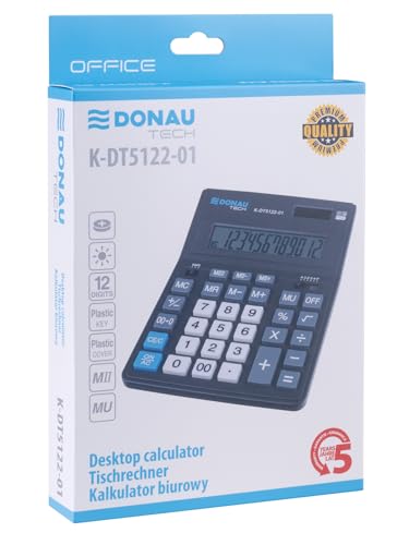 DONAU TECH Tischrechner / 12-Stellig Anzeige/ 20,1 x 15,5 x 3,5 cm/Schwarz/Rechner Dual-Power Solar - Batteriebetrieb/Kompaktes Design
