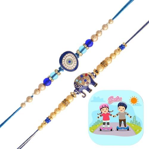 Image of CraftVatika Designer Rakhi for Brother Set of 2 Evil Eye and Blue Elephant With Gift Combo for Brother Bhaiya,Men, women, Boys , Girls, Rakhi for Boys Mens Couple Rakhis for Bhaiya Pair for Bro, Fridge Magnet for Home decor With Greeting Card, Tilak set