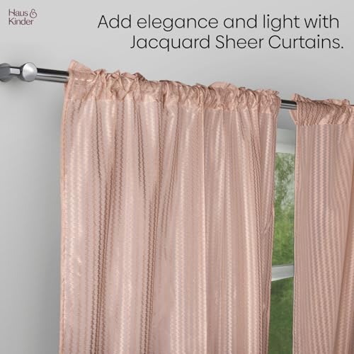 Image of haus & kinder Jacquard Sheer Window Curtains 5 Feet Long Pack of 2 Window Curtains, 5 Feet Curtains for Window, (Abstract Geometric Design, Desset Blush Ice Blue, 114x152cm)