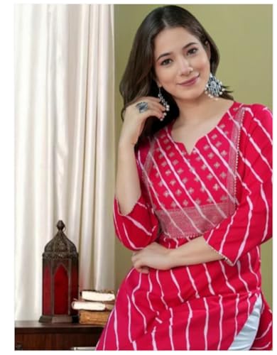 Image of Women's Cotton Floral Printed V-Neck A-Line Kurta /Regular Fit Kurti-3 /4 Sleeve