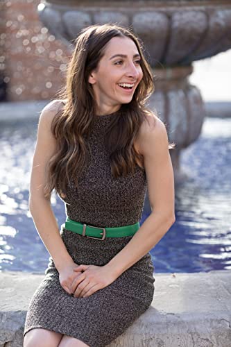 Leather Ratchet Belt for Women, Trim to Fit 18"- 44" Waist, Automatic Slide Buckle, No Holes, Gift Box (W726 Gunmetal/Forest Green 30mm width, Small)2